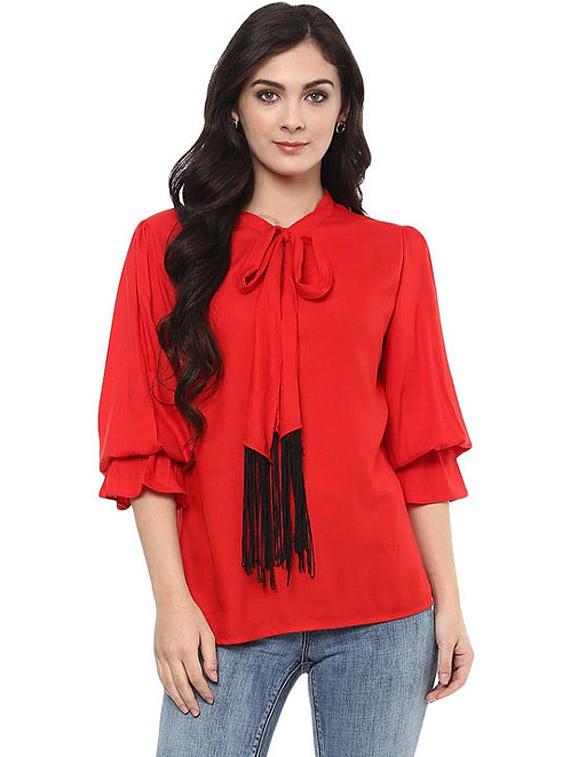 women red solid tie-up neck top - 21651237 - Zoom Image - 0