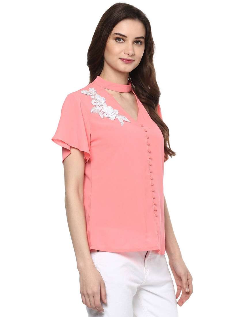 women solid short sleeves chocker neck top - 21651239 - Standard Image - 1