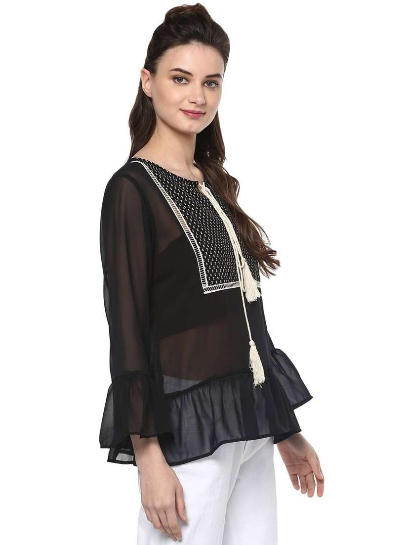 women printed tie up neck tiered sheer top - 21651244 - Standard Image - 1