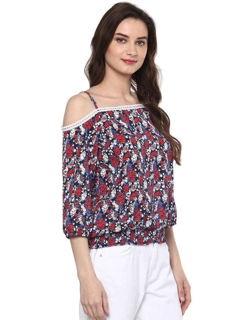 women blue floral shoulder strap neck top - 21651246 - Standard Image - 1