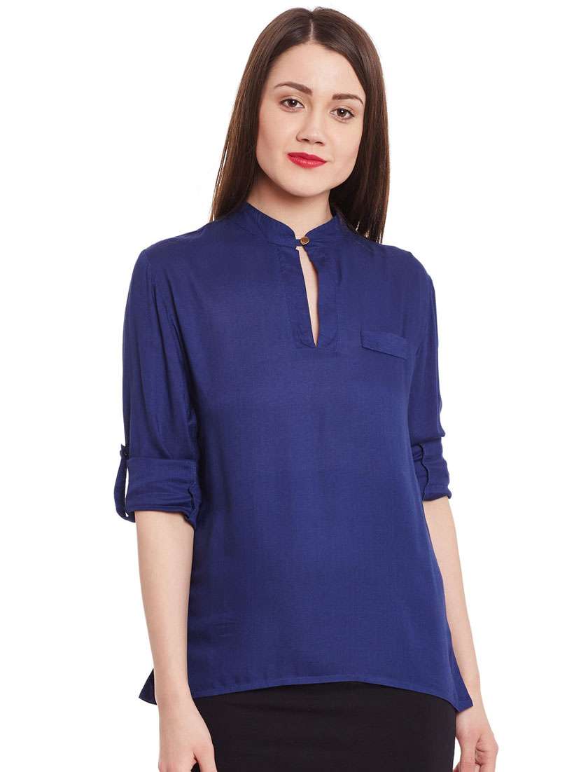 women solid roll up sleeves mandarin neck top