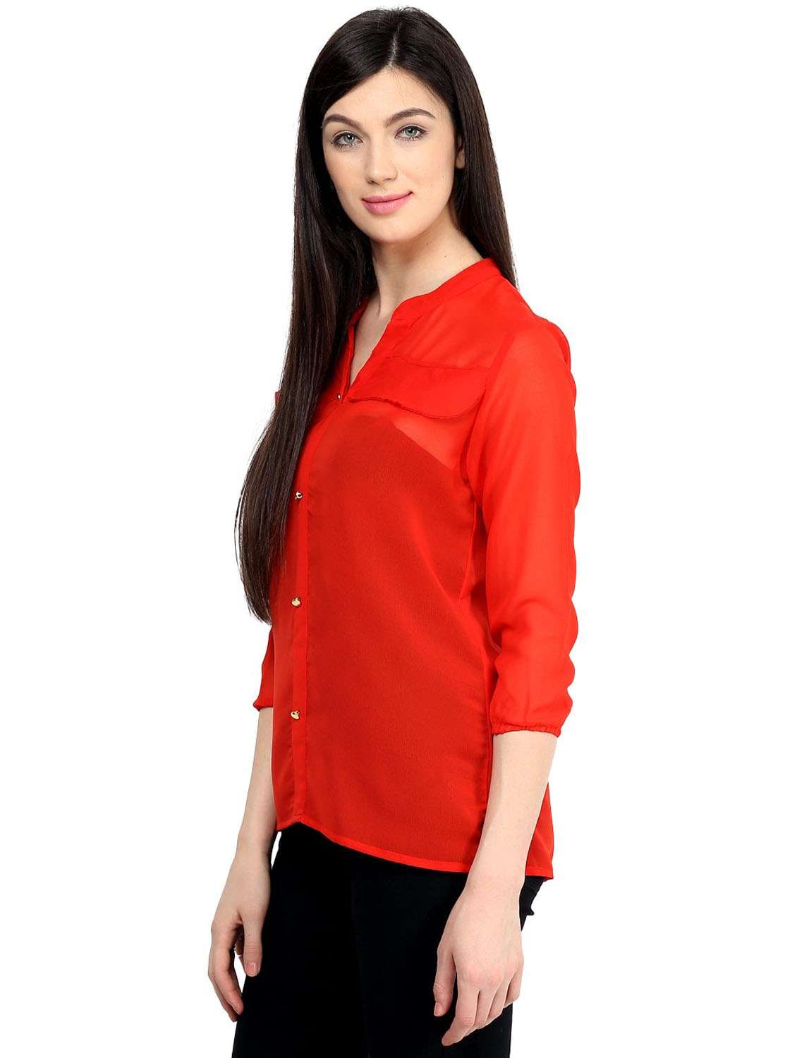 women red solid mandarin neck shirt top - 21651263 -  Standard Image - 1