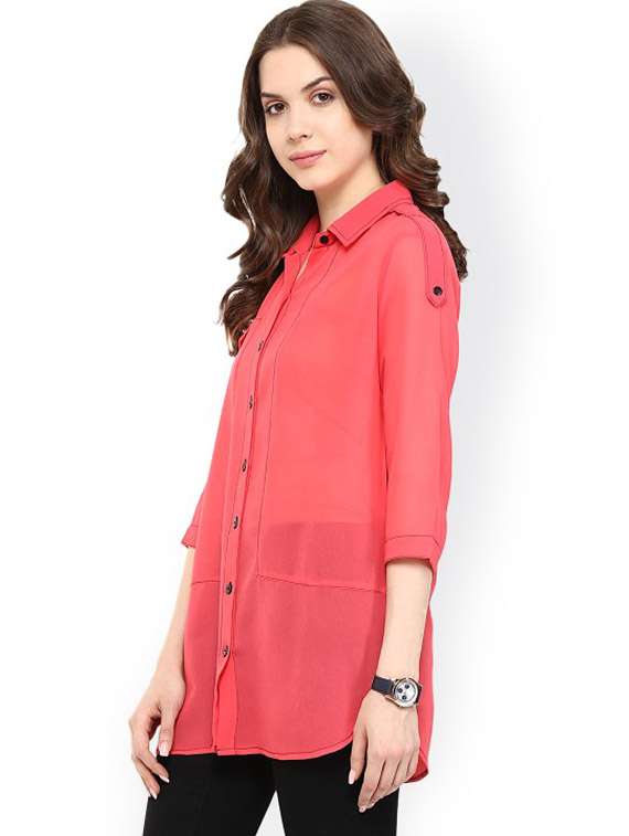 women pink solid three quarter sleeves shirt top - 21651264 - Standard Image - 1