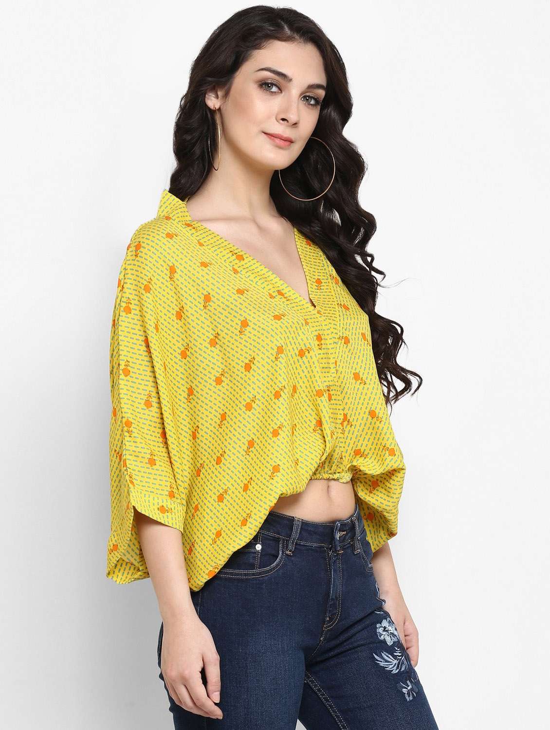 women yellow printed v neck crop top - 21651288 -  Standard Image - 1