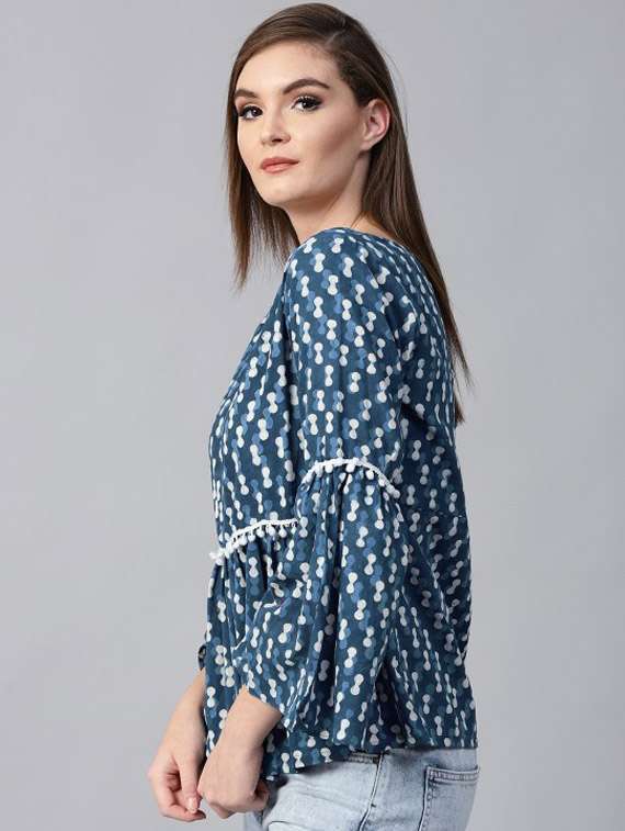 women blue printed round neck regular top - 21651305 -  Standard Image - 1