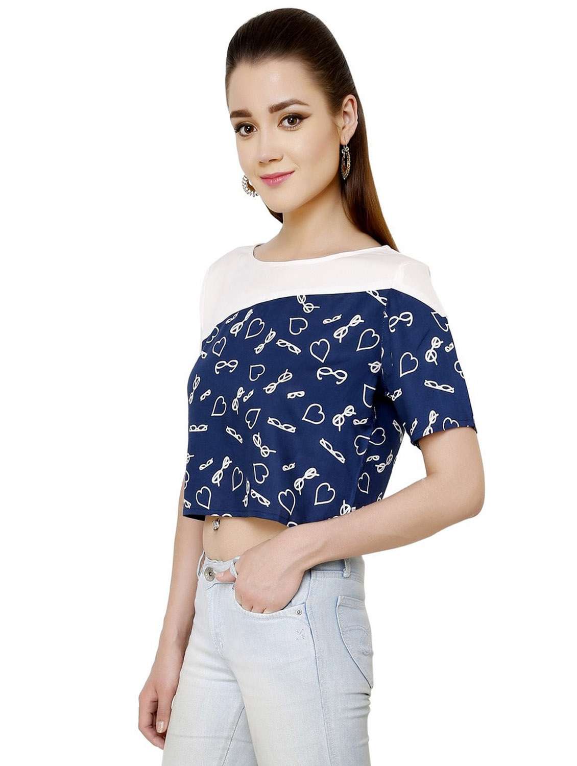 women printed short sleeves crop top - 21651324 - Standard Image - 1