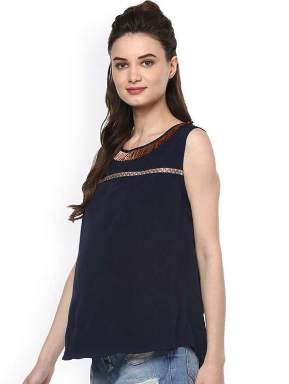 women navy blue solid round neck top - 21651350 -  Standard Image - 1