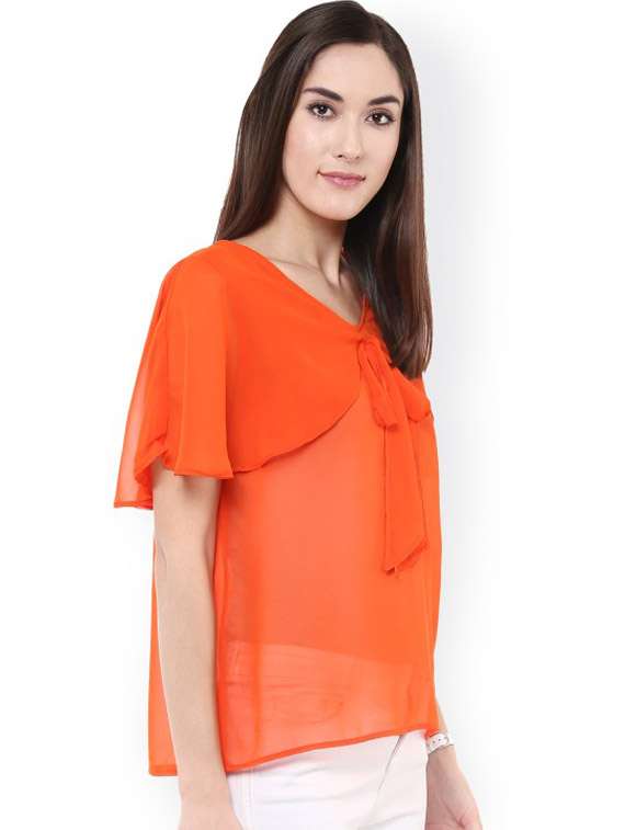 women orange solid v neck regular top - 21651367 -  Standard Image - 1