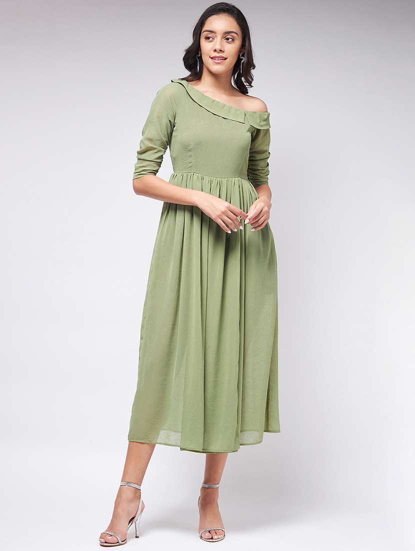 women solid asymmetric neck fit & flare dress