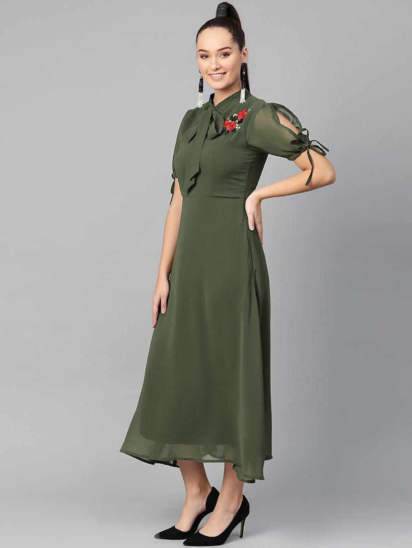 women embroidered tie up neck fit & flare dress - 21651507 - Standard Image - 1