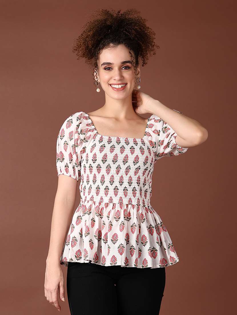 women puff sleeves printed peplum top