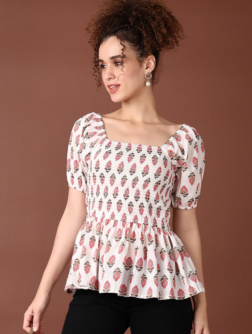 women puff sleeves printed peplum top - 21651548 -  Standard Image - 1