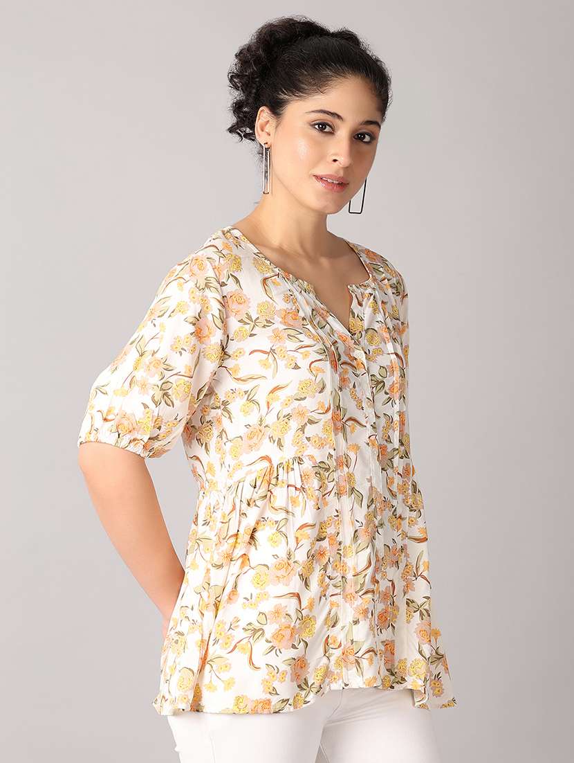 women off white floral printed puff sleeve top - 21651569 - Standard Image - 1