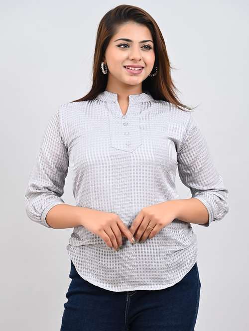 women checkered mandarin neck top - 21651704 - Standard Image - 0