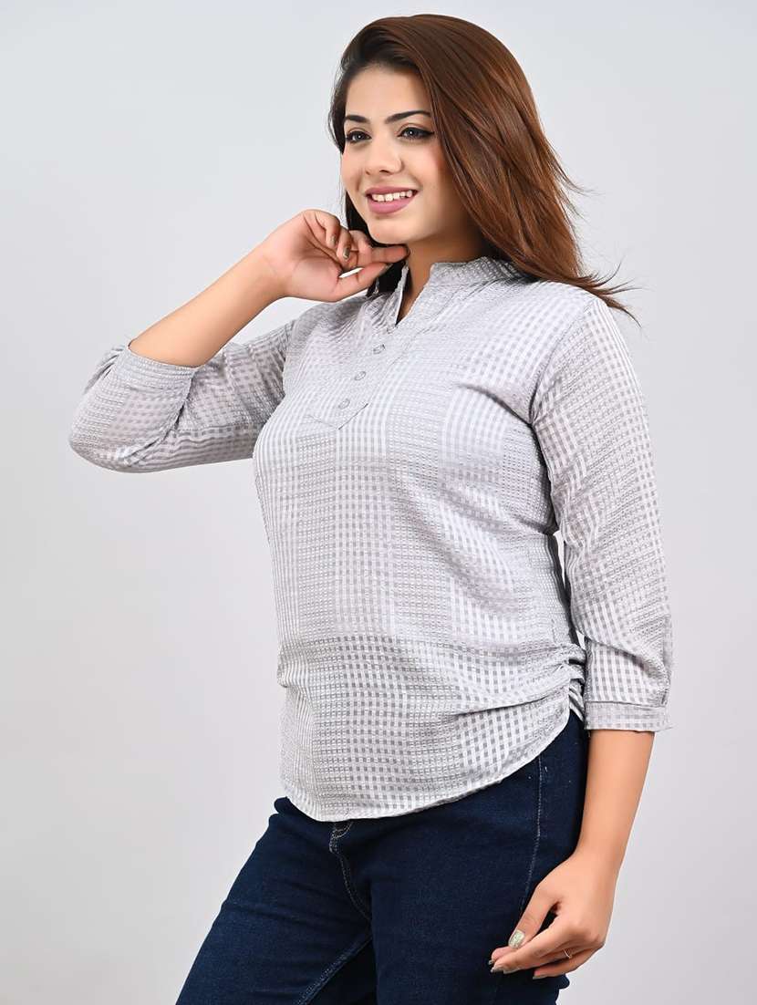 women checkered mandarin neck top - 21651704 - Standard Image - 1
