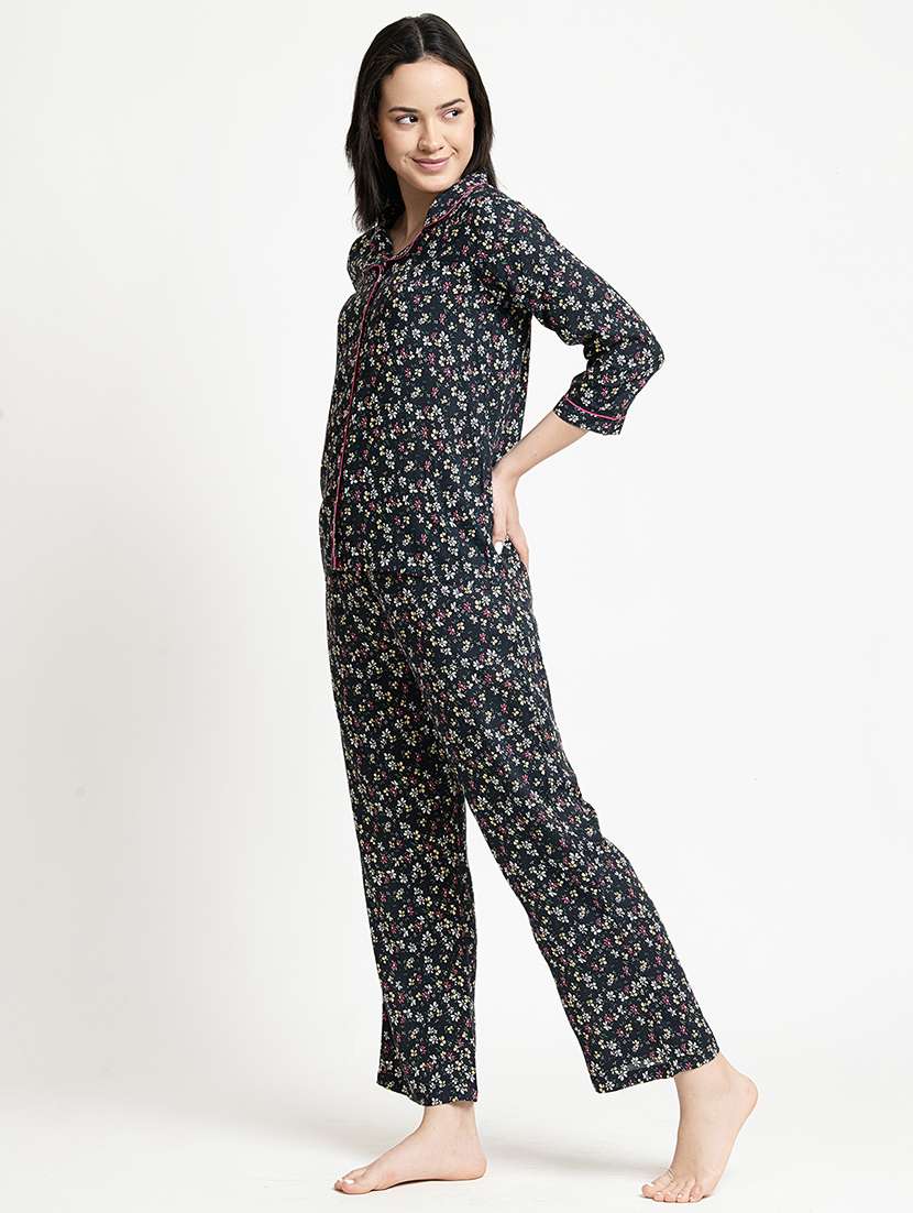 women floral print cuban collar nightwear set - 21651890 -  Standard Image - 1