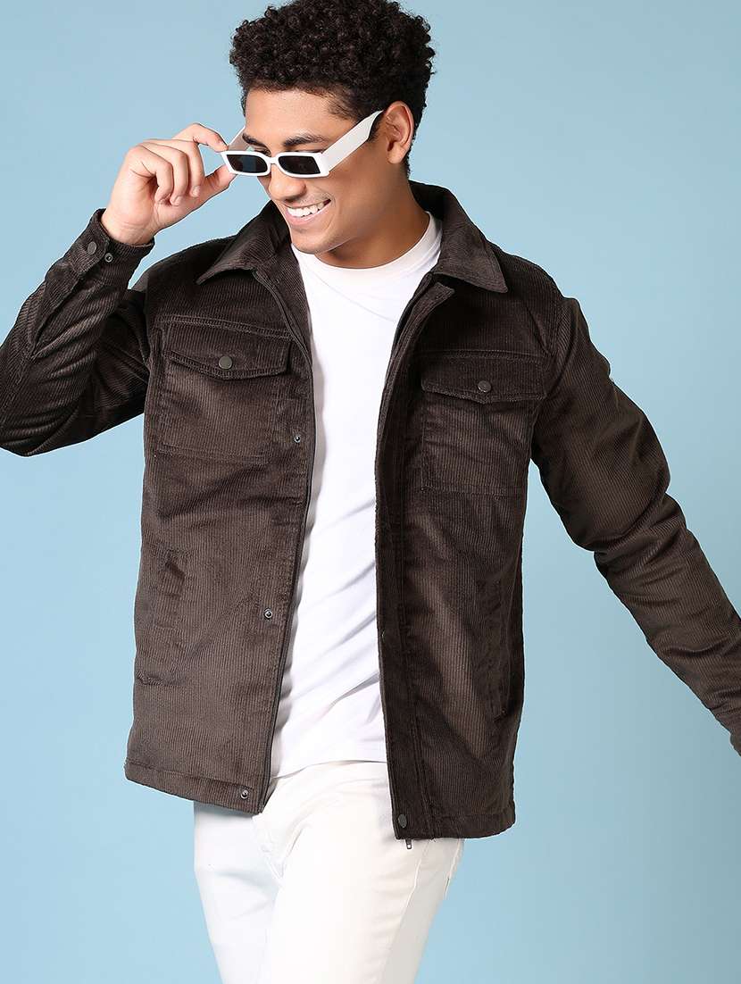 men coffee brown solid long sleeve shacket - 21652737 -  Standard Image - 1