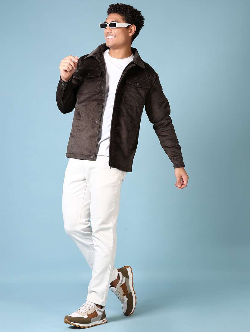 men coffee brown solid long sleeve shacket - 21652737 -  Standard Image - 4