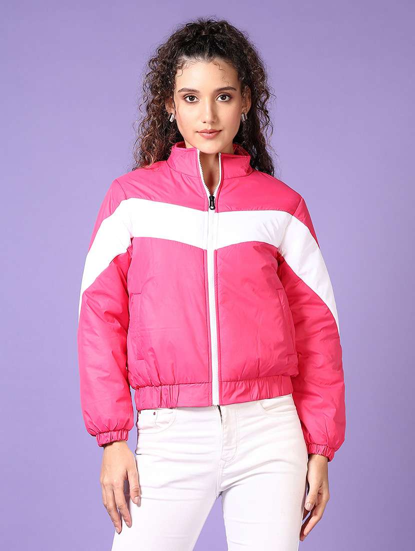 women color blocked long sleeves puffer jacket