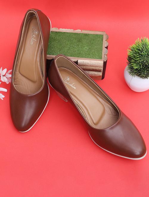 women brown solid block heel pumps - 21652876 - Standard Image - 0