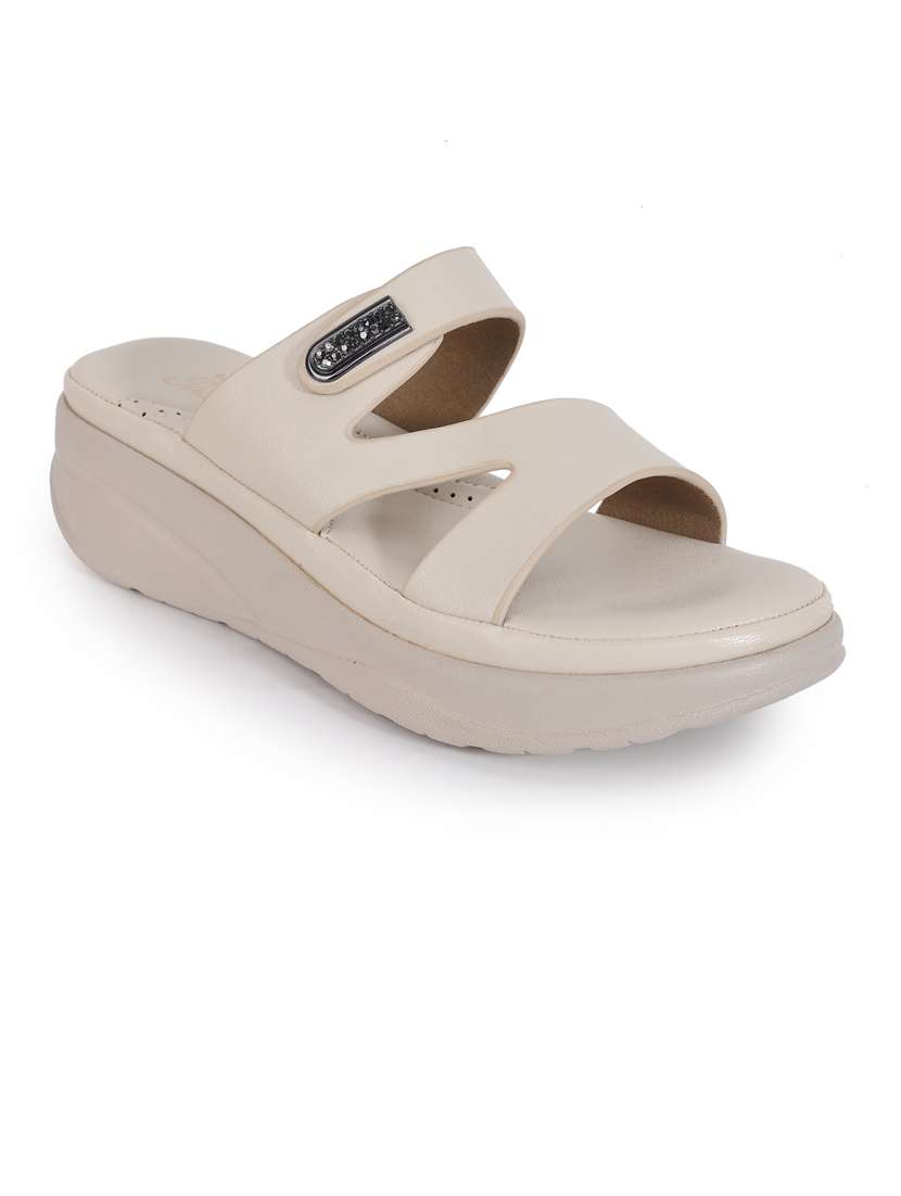 women cream solid slip on wedge - 21652921 -  Standard Image - 1