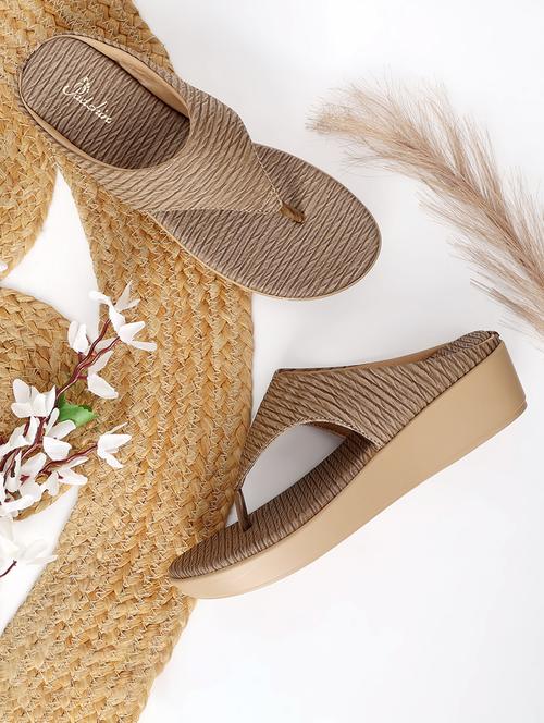 women beige textured t-strap wedge - 21652923 - Standard Image - 0