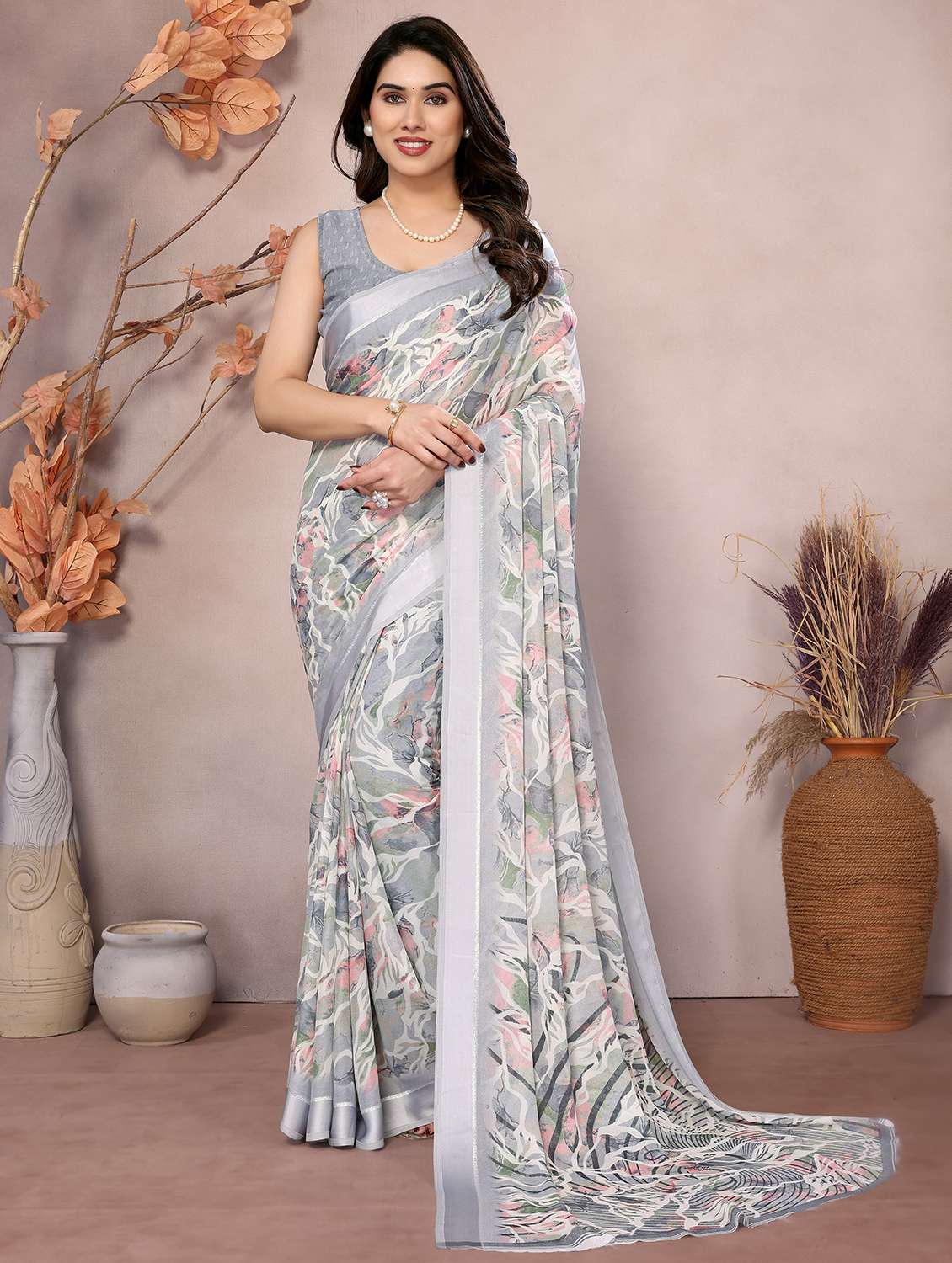 women grey printed saree with blouse - 21653376 - Zoom Image - 0