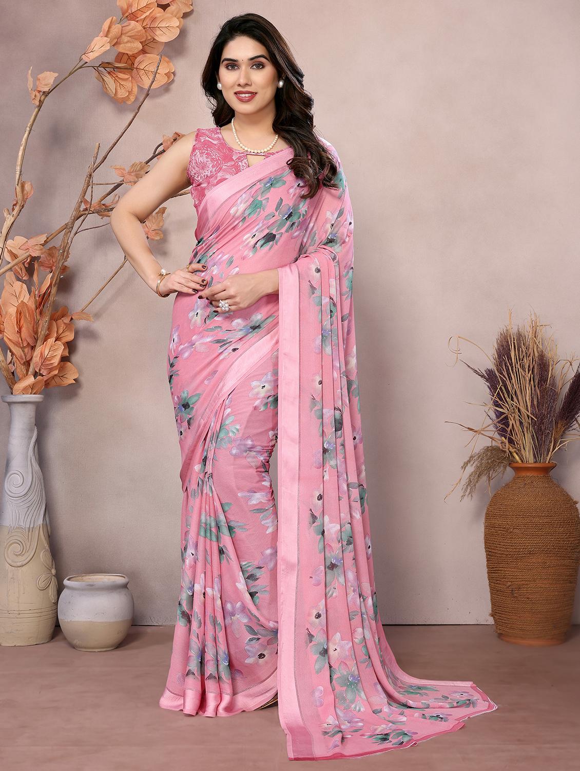 women pink floral printed saree with blouse - 21653378 - Zoom Image - 0