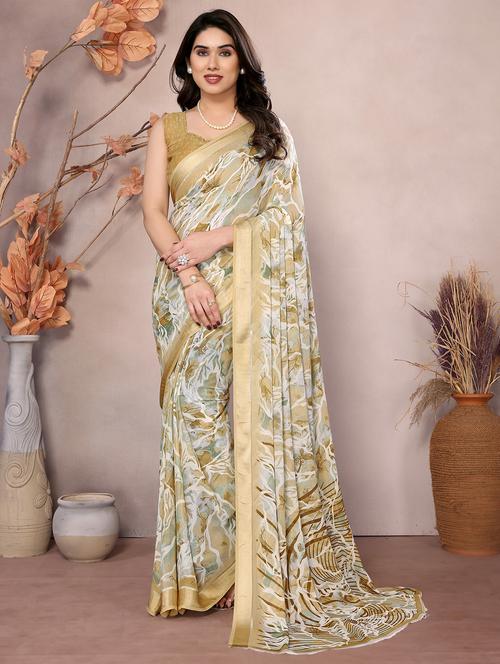 women beige printed saree with blouse - 21653380 -  Standard Image - 0