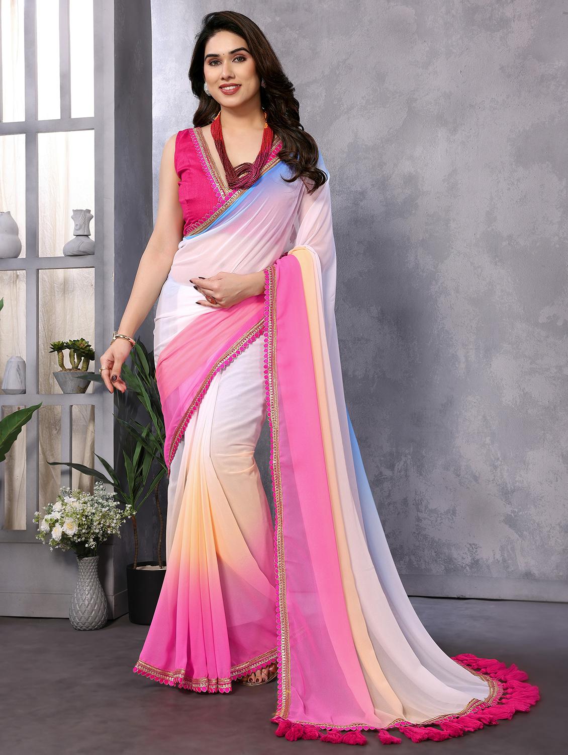 women multi color ombre lace work saree with blouse - 21653403 -  Zoom Image - 0