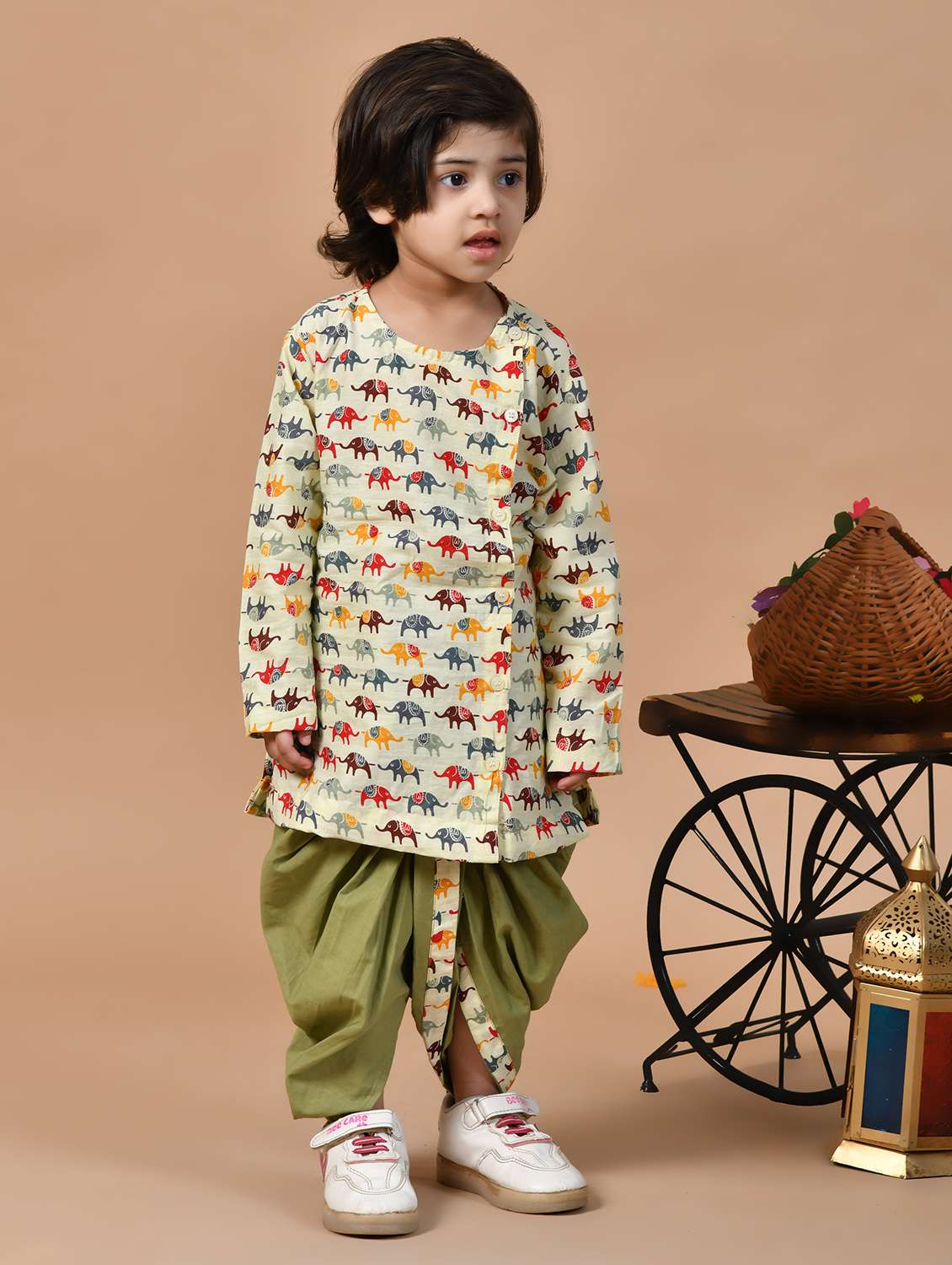 boys mandarin neck printed dhoti kurta set 