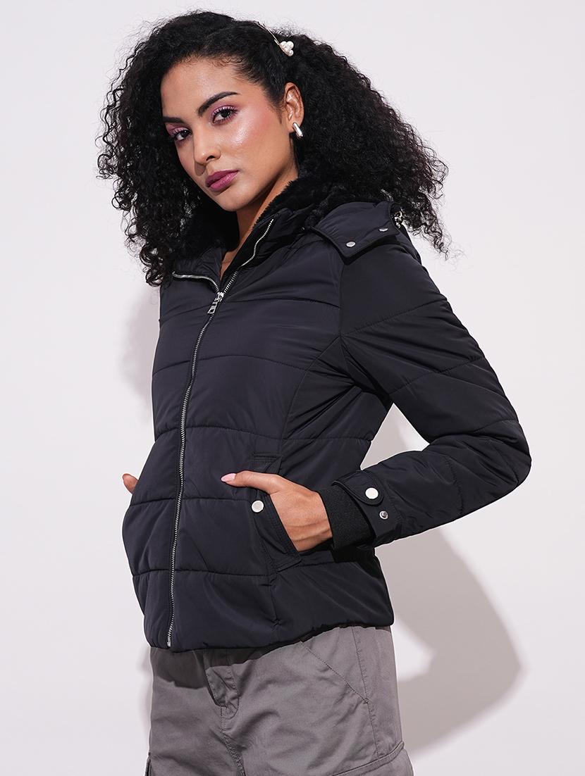 globus women black mock neck front zip winter wear insulator puffer jacket with detachable hood - 21659442 - Standard Image - 1