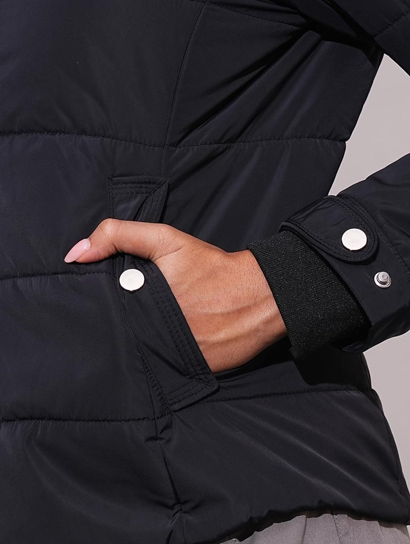 globus women black mock neck front zip winter wear insulator puffer jacket with detachable hood - 21659442 - Standard Image - 4
