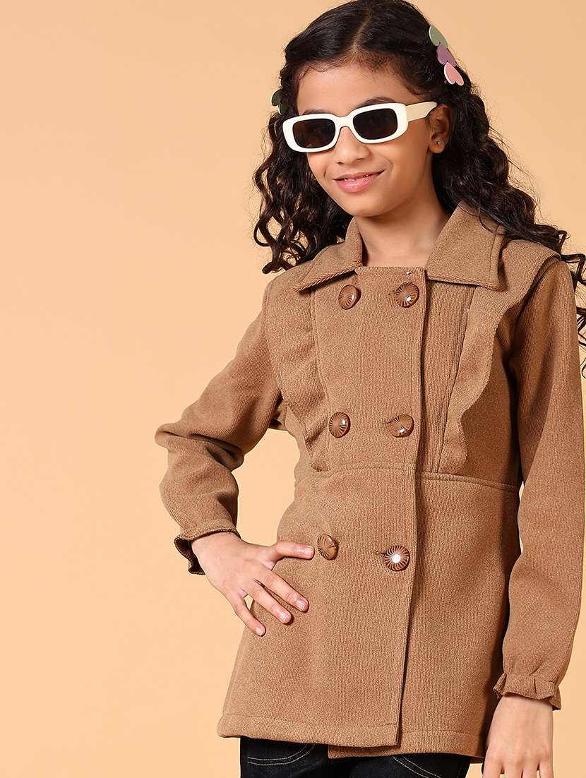 girls brown solid long sleeve coat - 21659734 -  Standard Image - 1