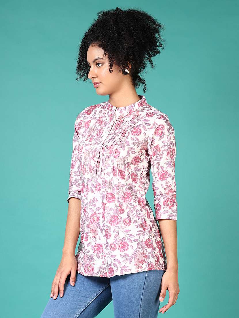 women floral printed mandarin straight top - 21659755 -  Standard Image - 1