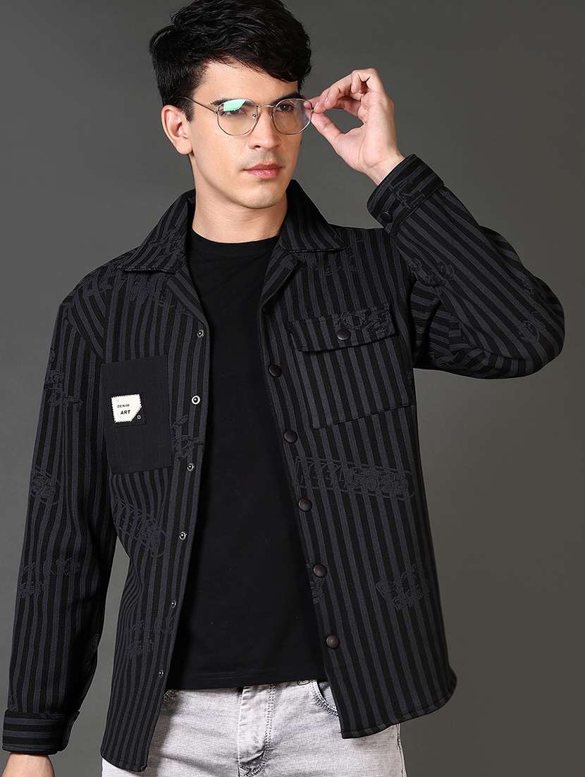 men striped long sleeve shacket - 21659771 -  Standard Image - 1