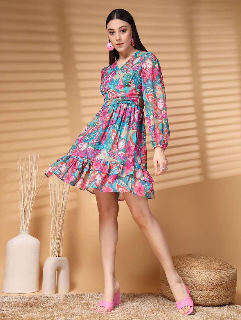 wmen floral printed v neck fit & flare dress - 21660039 -  Standard Image - 1