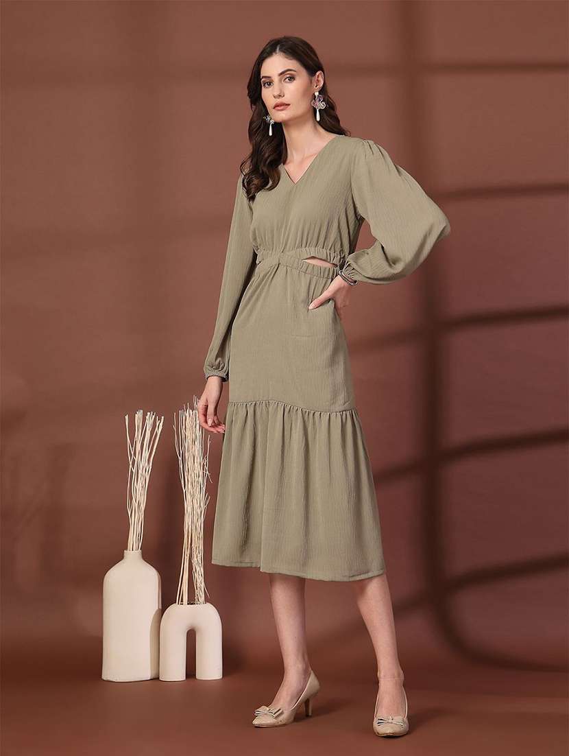 women olive solid v neck tiered dress - 21660054 -  Standard Image - 1