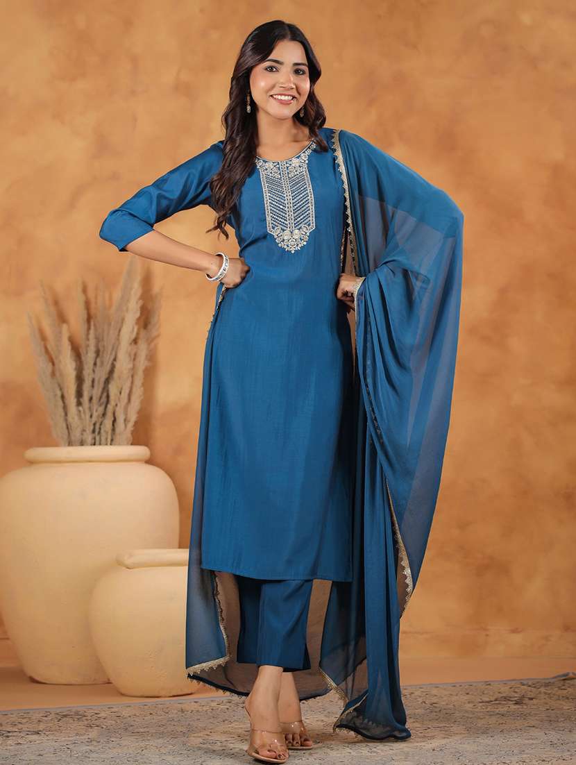 women three quarter sleeve kurta pant with dupatta set - 21660487 -  Standard Image - 1