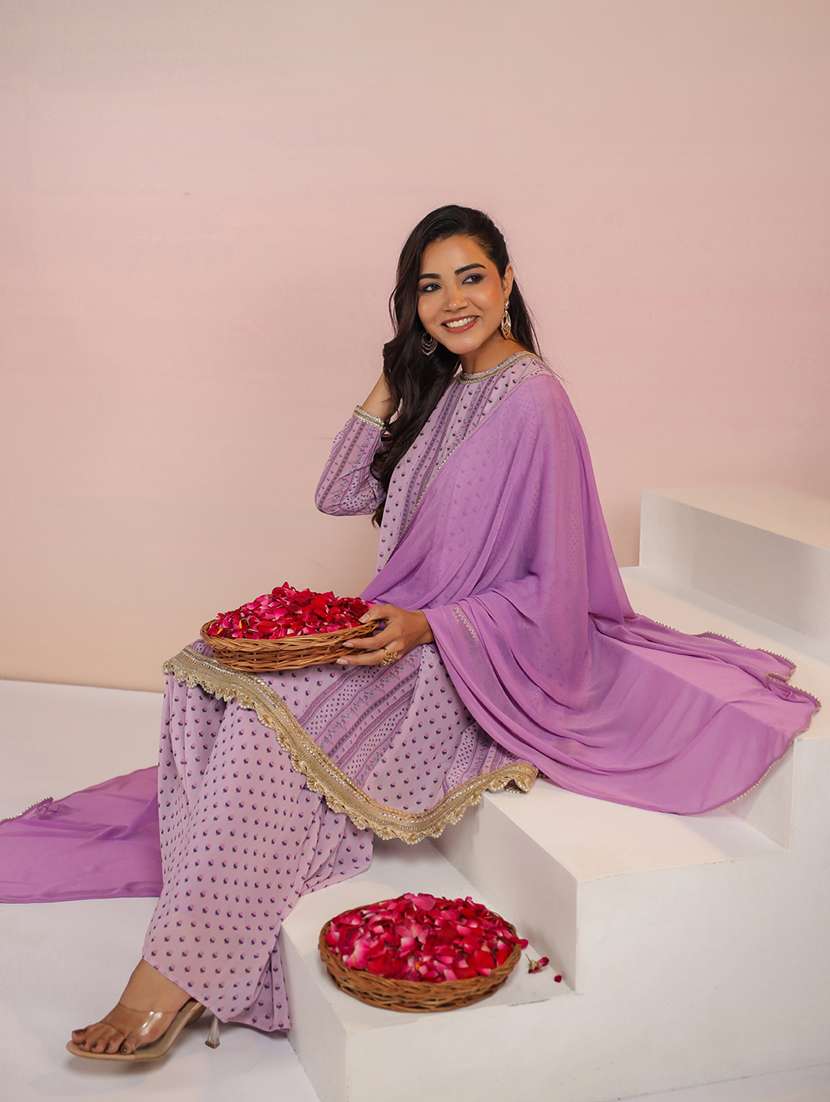 women lavender long lseeve kurta sharara set - 21660488 -  Standard Image - 1