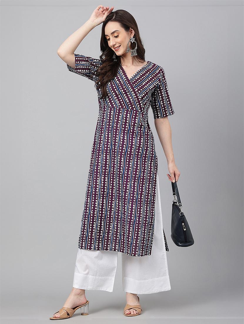 women purple geometric printed straight kurta - 21660496 - Standard Image - 4