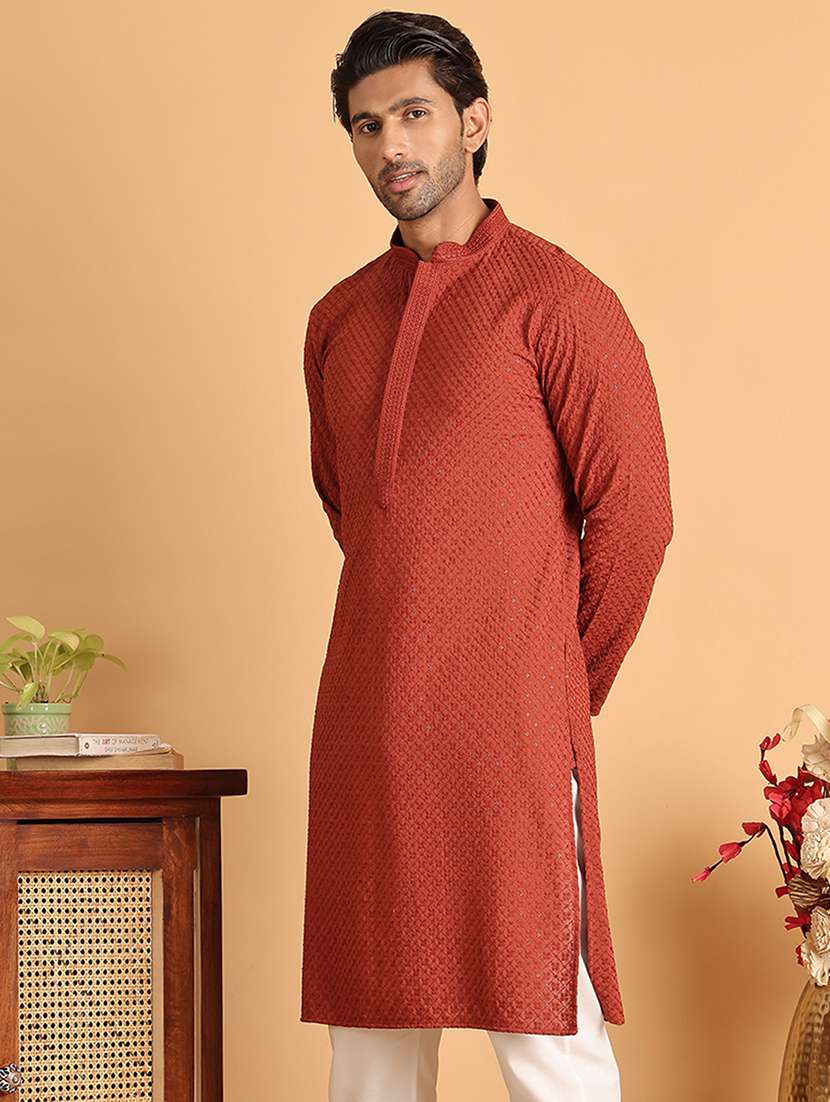 men embroidered mandarin neck long kurta - 21660523 -  Standard Image - 1