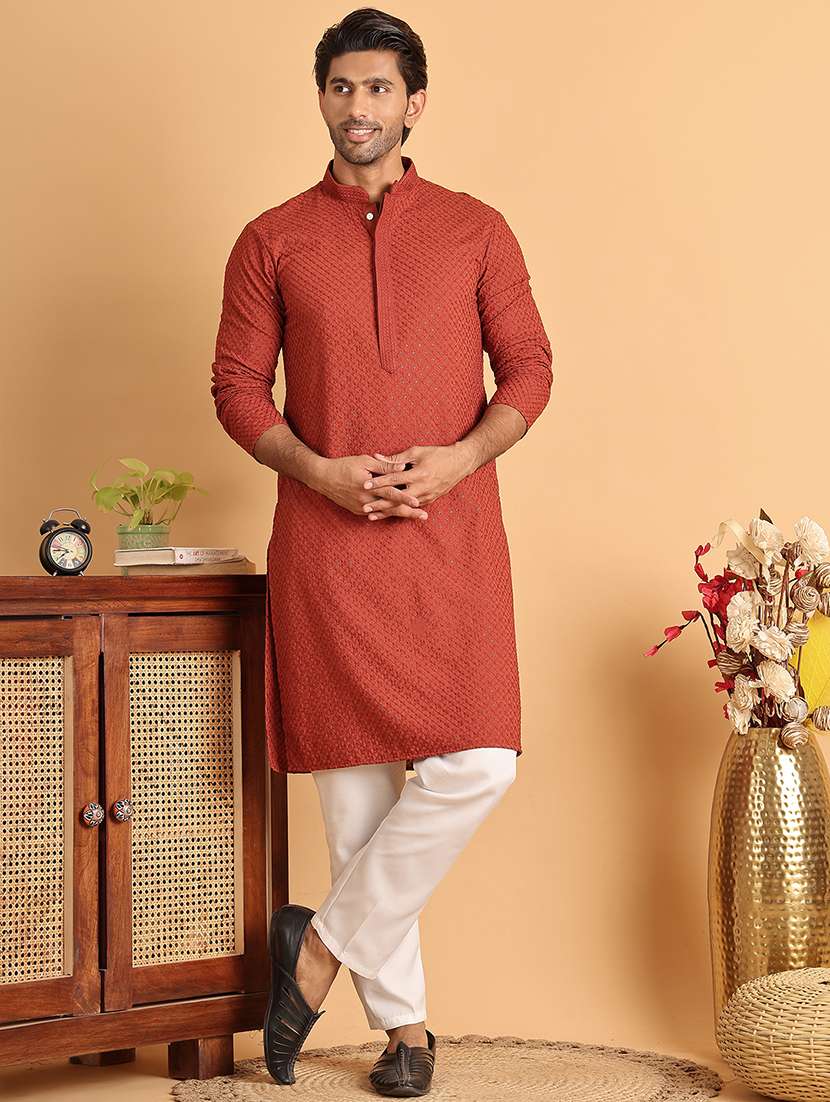 men embroidered mandarin neck long kurta - 21660523 - Standard Image - 4