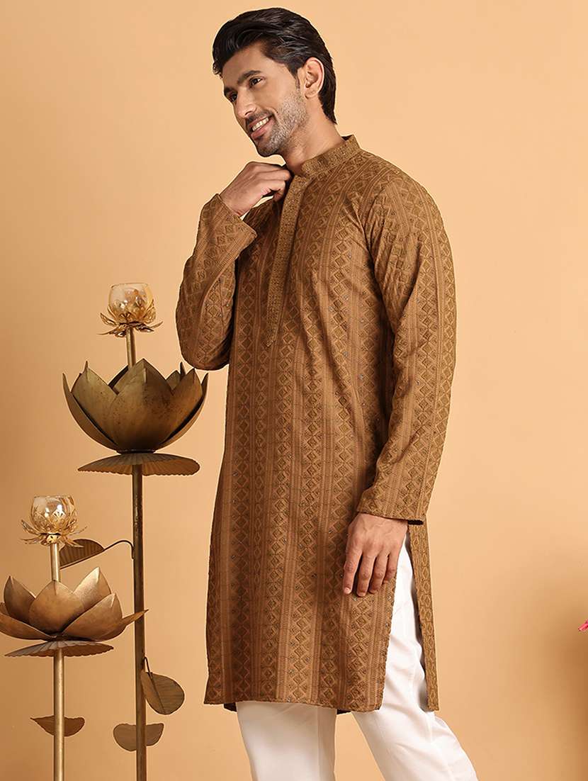 men embroidered mandarin neck long kurta - 21660524 -  Standard Image - 1