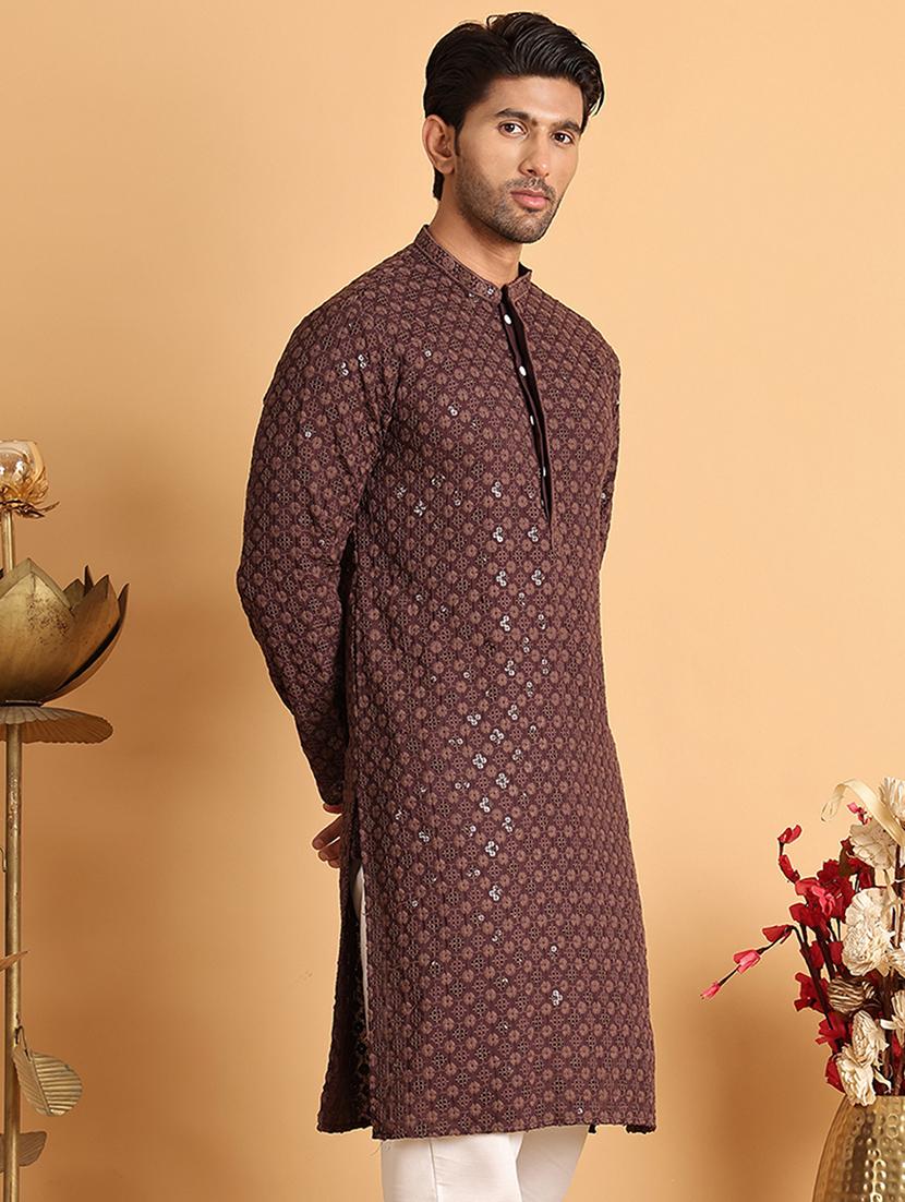 men embroidered mandarin neck long kurta - 21660529 - Standard Image - 1