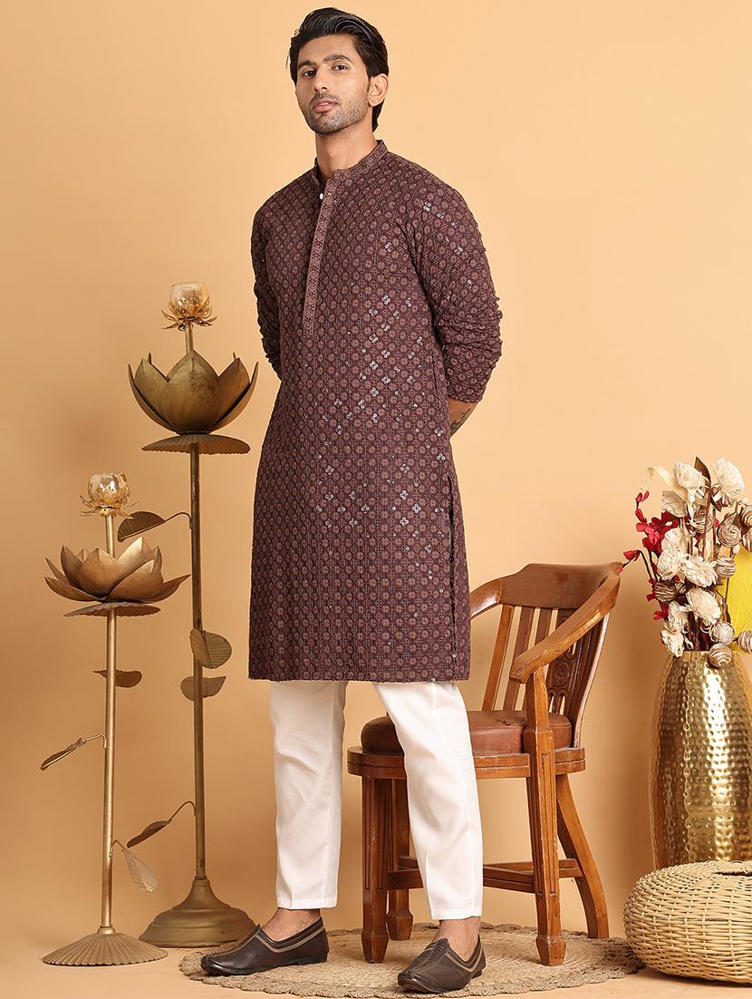 men embroidered mandarin neck long kurta - 21660529 - Standard Image - 4