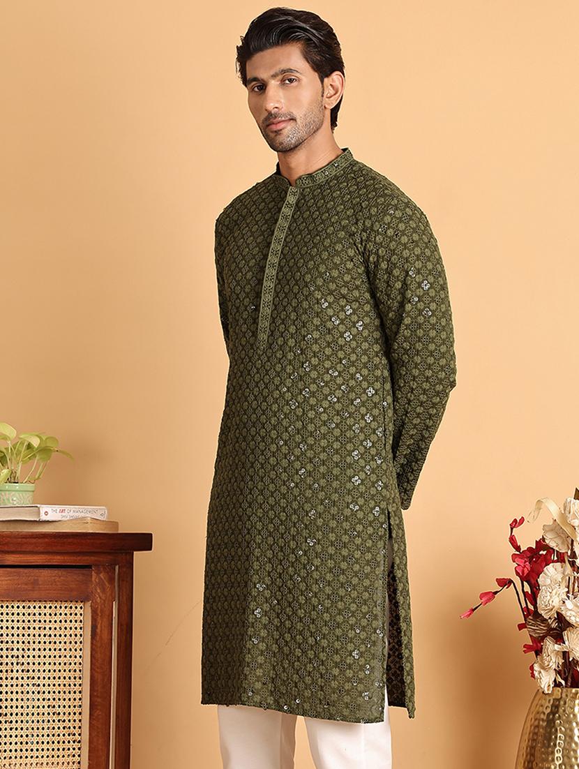 men embroidered mandarin neck long kurta - 21660532 -  Standard Image - 1