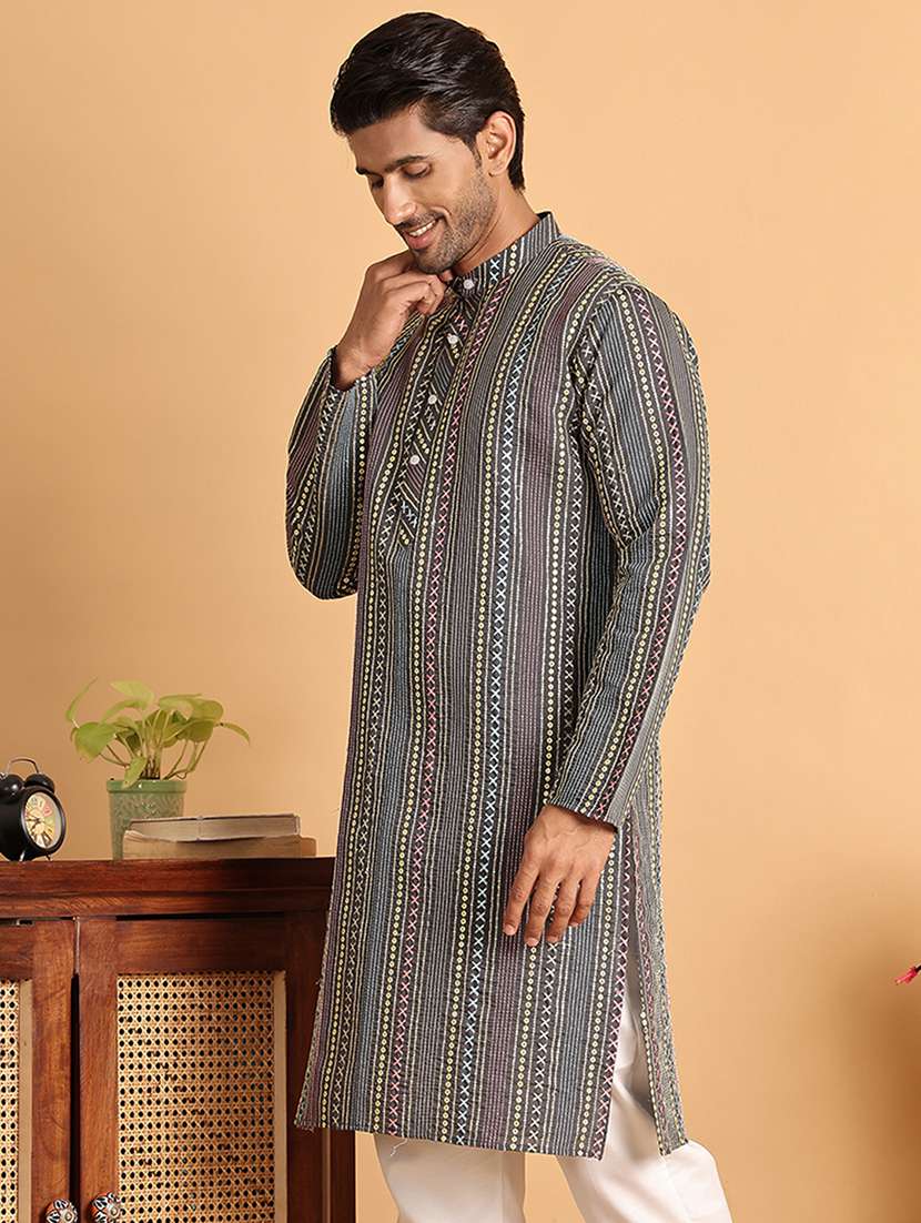 men embroidered mandarin neck long kurta - 21660538 -  Standard Image - 1
