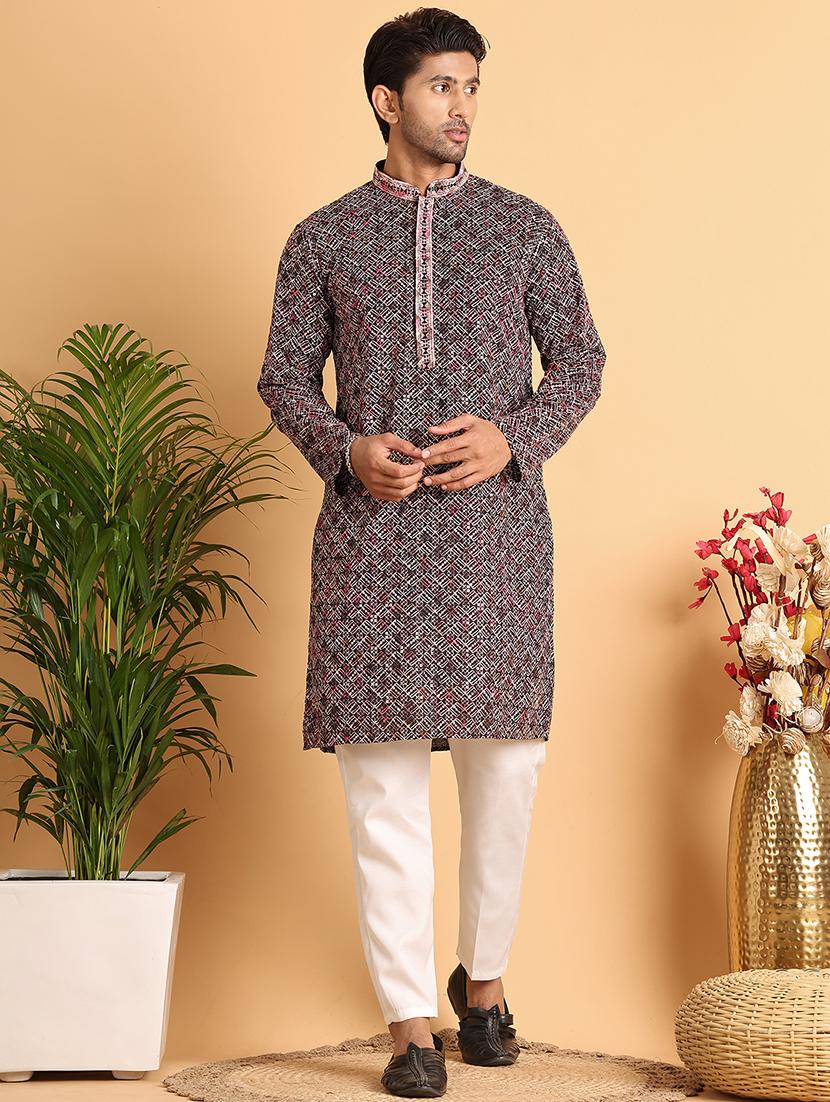 men embroidered mandarin neck long kurta - 21660540 - Standard Image - 4