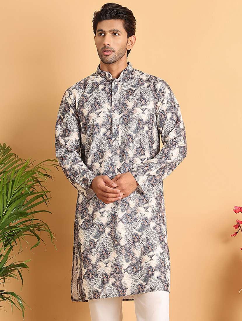 men printed mandarin neck long kurta